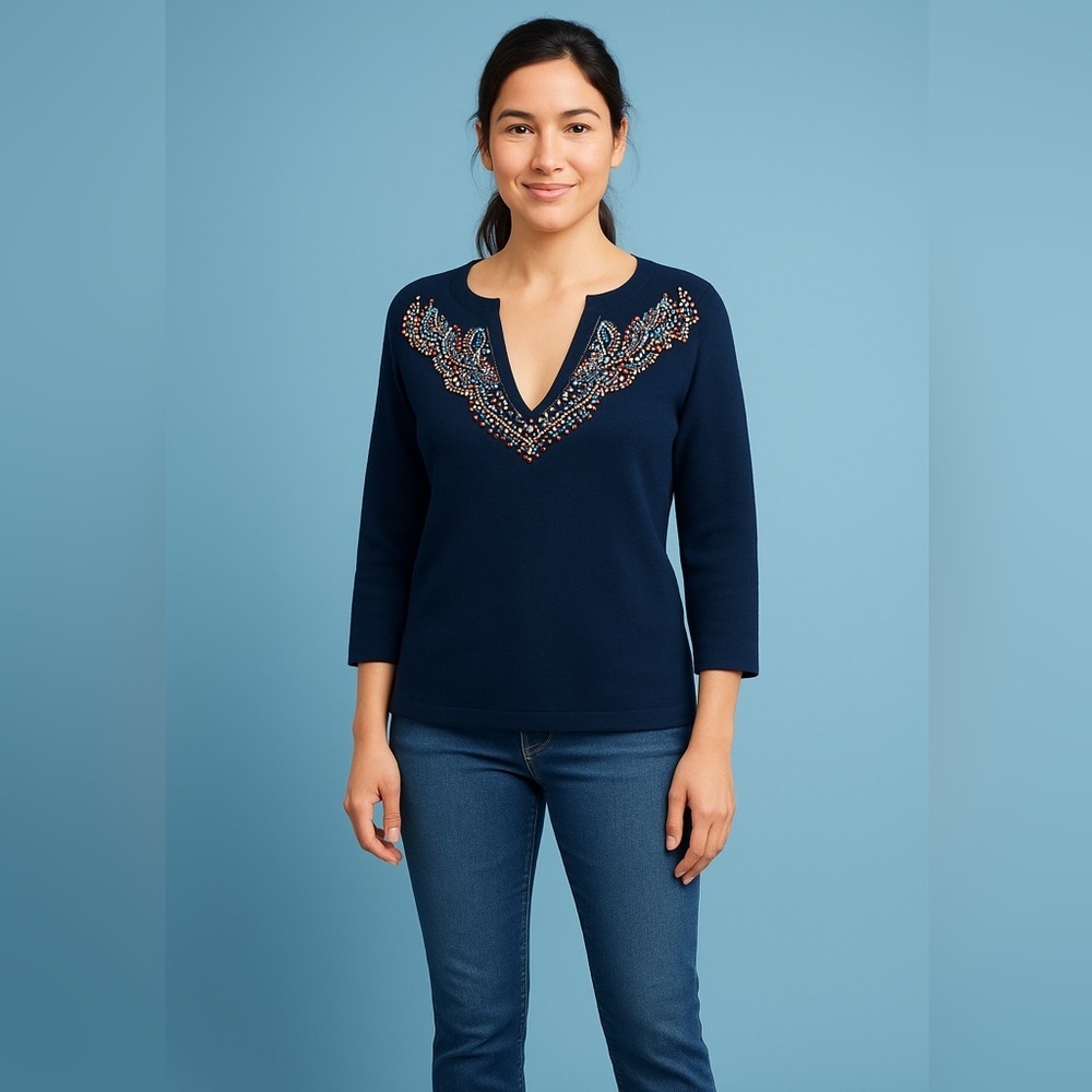 Anthropologie Moth Women’s Jeweled Beaded V-Neck Navy Sweater Size Small - Picture 12 of 14